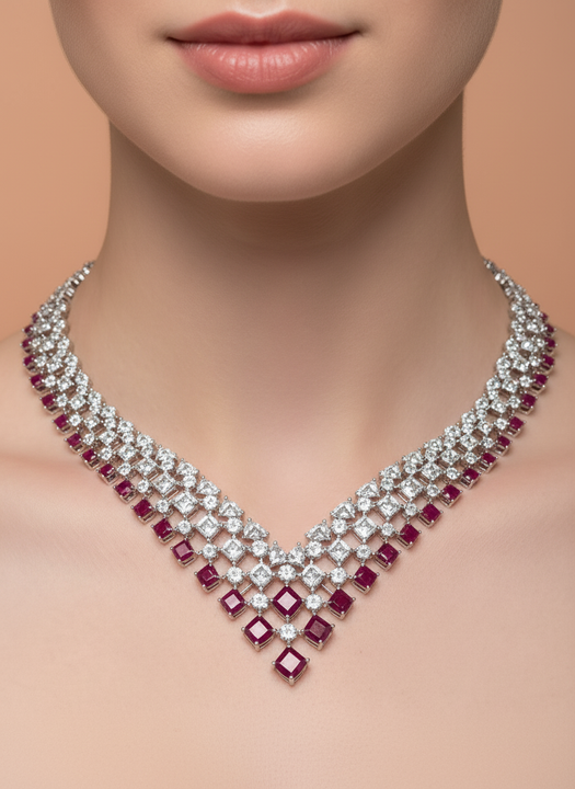 Luxury Ruby Red Cubic Zirconia Bridal Necklace & Earrings Set
