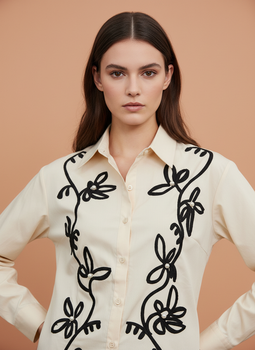 Off White Embroidered Floral Shirt for Women
