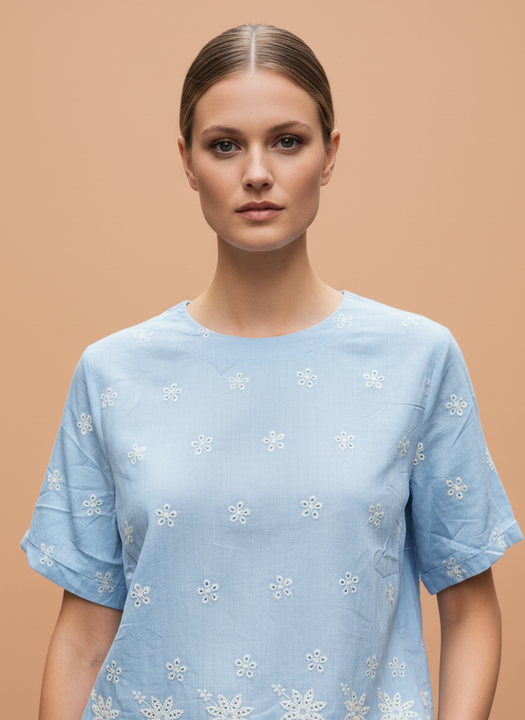 Women's Light Blue Floral Embroidered Cotton Top