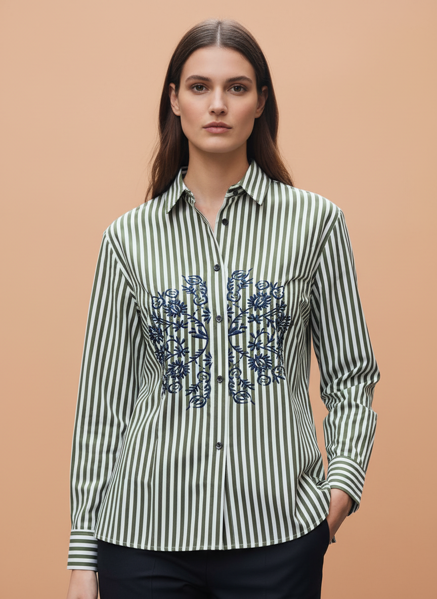 Olive Chic Striped Floral Embroidered Shirt