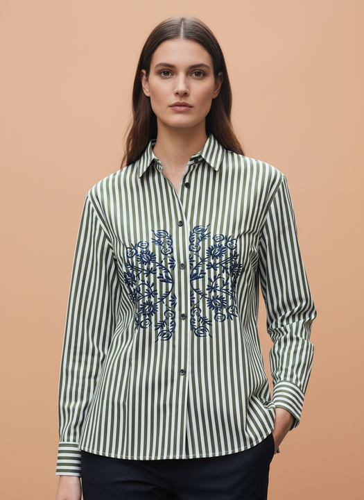 Olive Chic Striped Floral Embroidered Shirt
