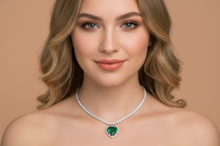 Classic Emerald Heart Cubic Zirconia Pendant Necklace & Earrings Set