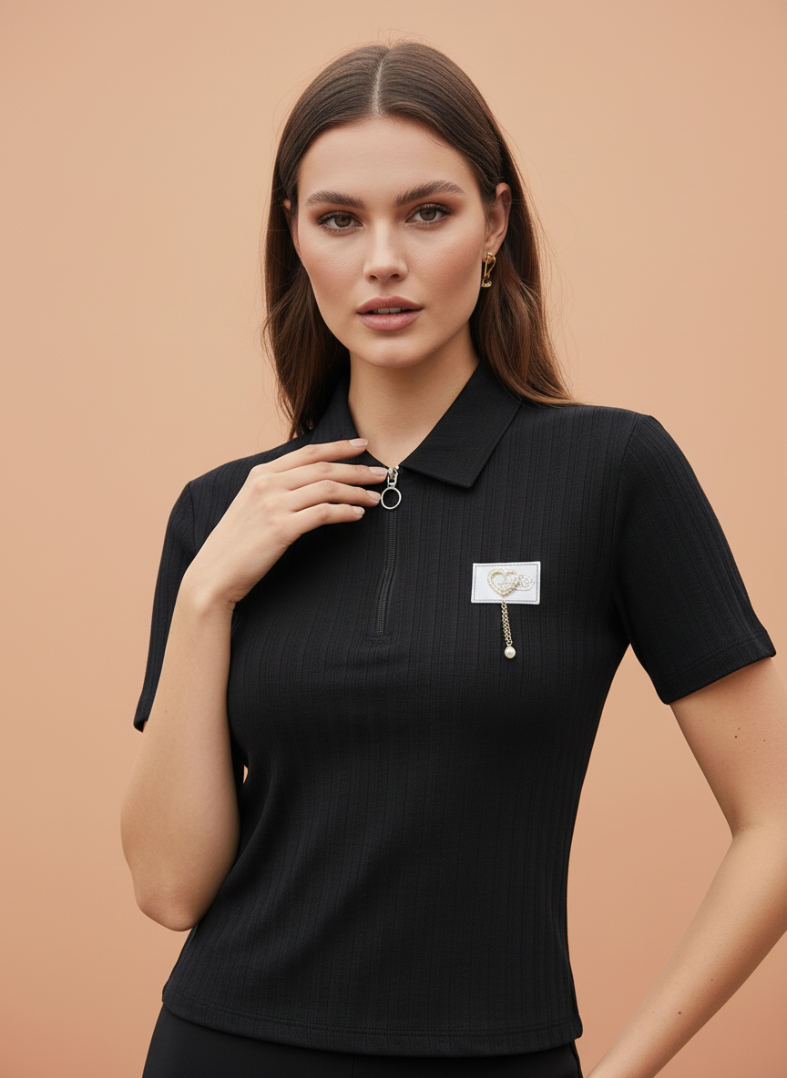 Women’s Black Ribbed Knit Quarter Zip Polo T-Shirt