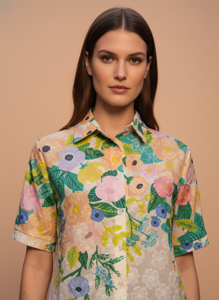 Multi-Color Floral Printed Lace Shirt for Women