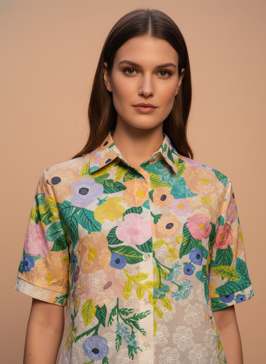 Multi-Color Floral Printed Lace Shirt for Women