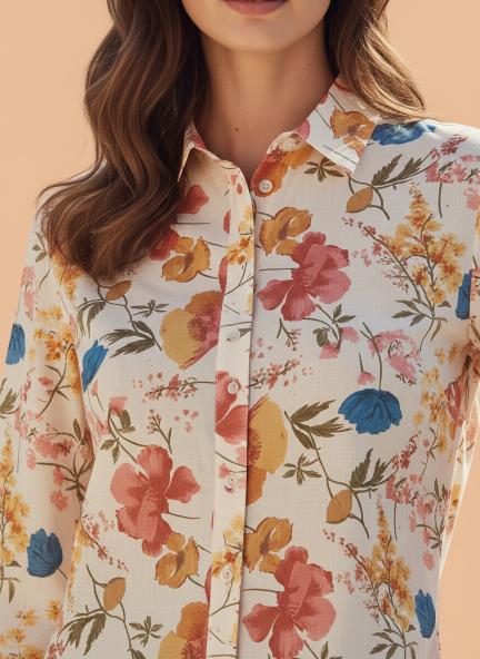 Cambric Digital Print Puff Sleeve Shirt