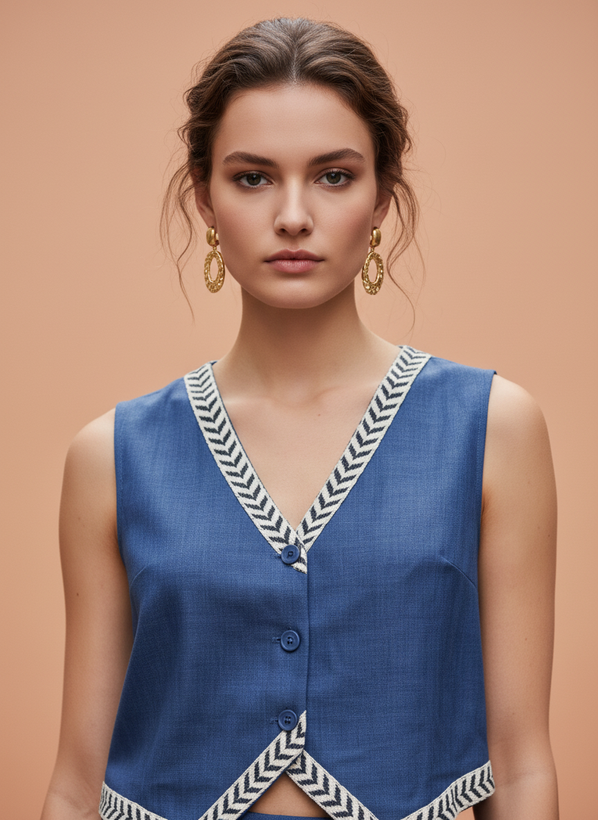 Chic Parisian Blue Co-ord Set – Sleeveless Vest & Wide-Leg Pants