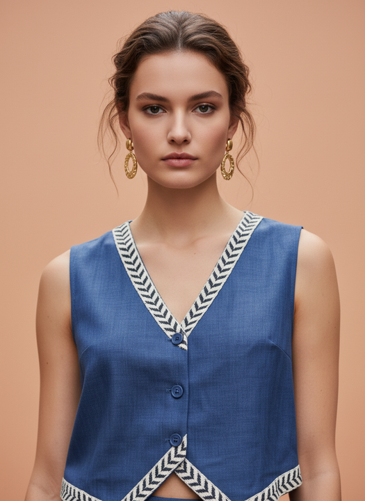 Chic Parisian Blue Co-ord Set – Sleeveless Vest & Wide-Leg Pants
