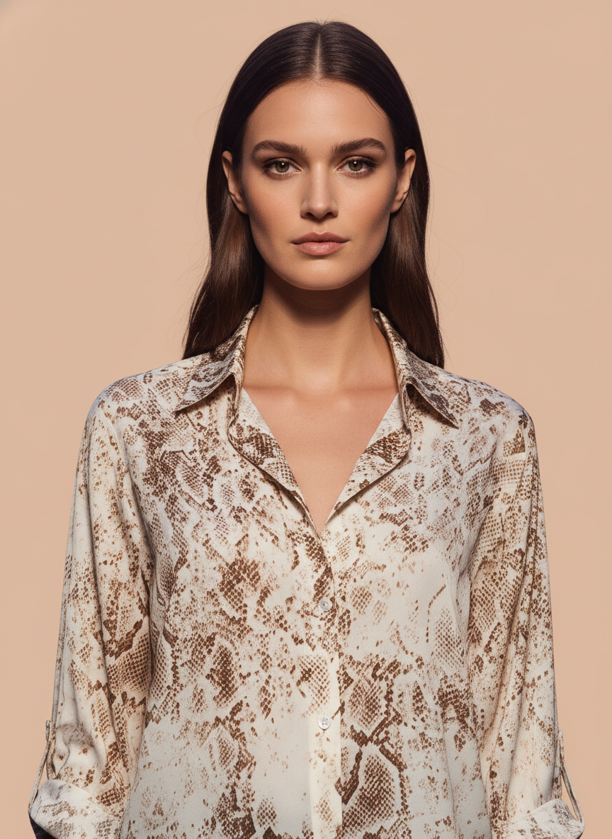 Women's Beige & Brown Snakeskin Printed Oversized Shirt