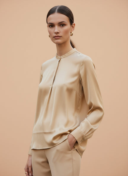 Summer Satin Gold Front Pleated Tunic