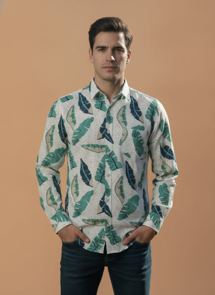 Men'S Premium Rayon Shirt With Classic White & Green Tropical Print