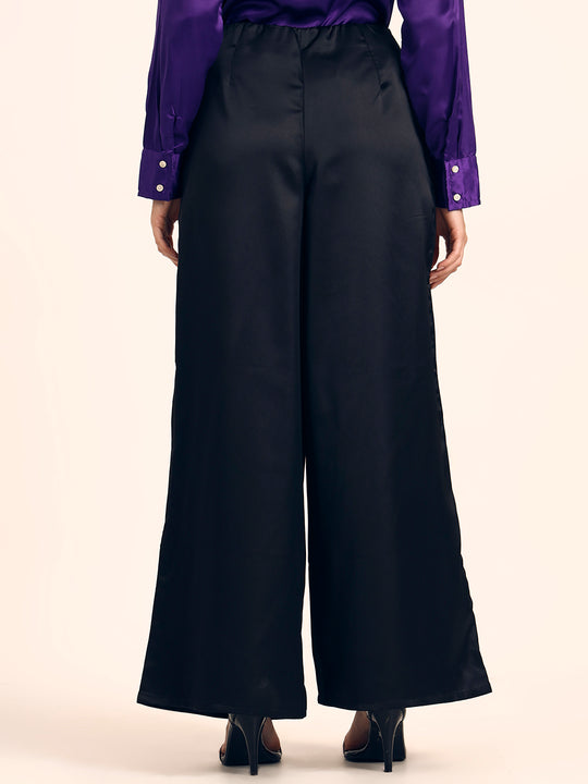 Luxury Satin Wide Leg Pants European Fabric  Black Glam Look