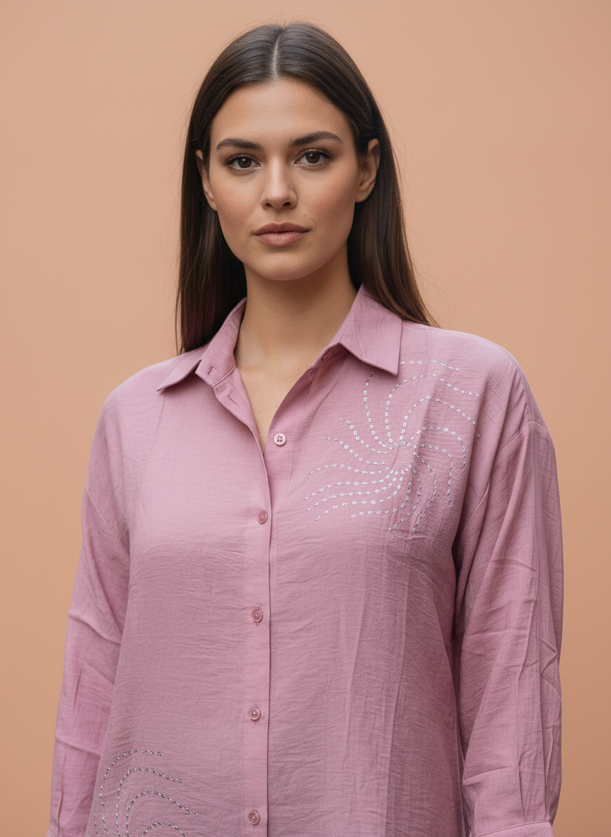 Blush Pink Embroidered Casual Shirt for Women