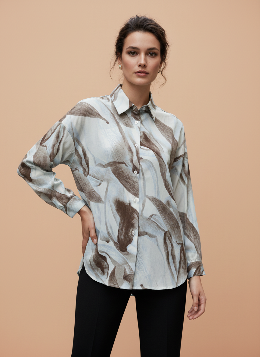 Women Light Blue Brown Abstract Floral Print Button Down Shirt