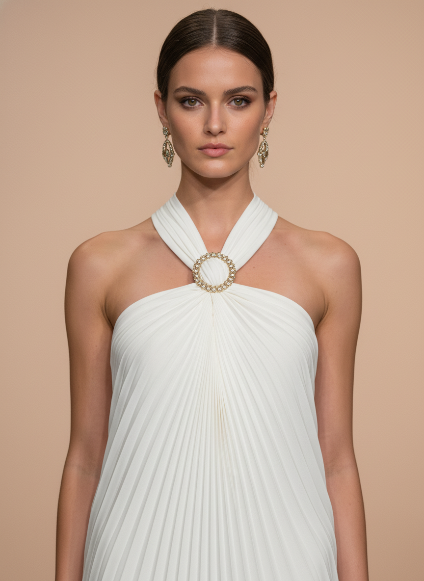 White Pleated Halter Neck Mini Dress with Rhinestone Buckle