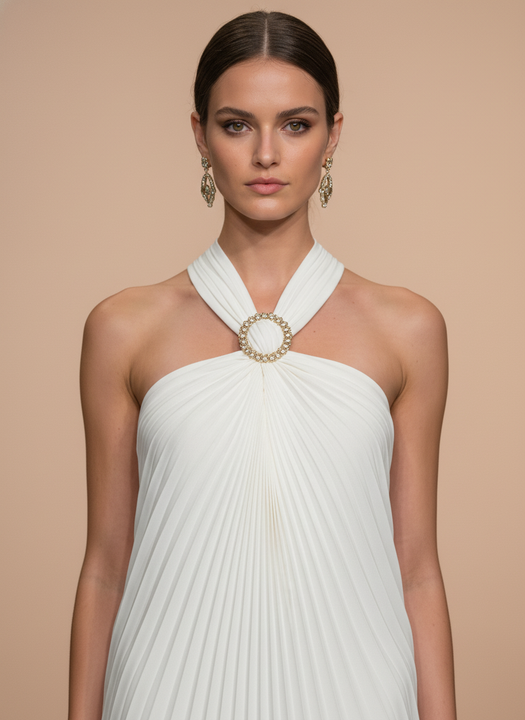White Pleated Halter Neck Mini Dress with Rhinestone Buckle