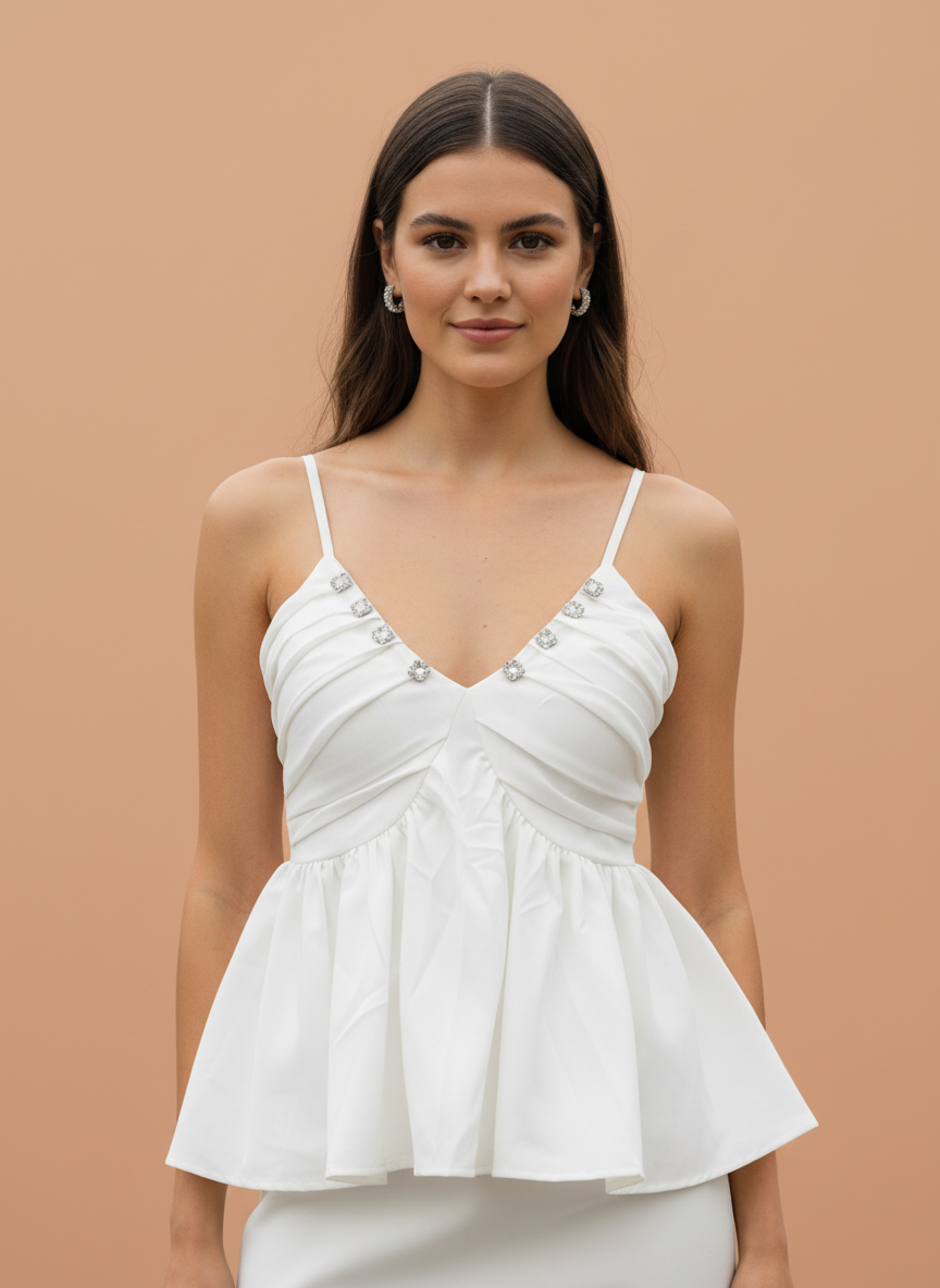 White Peplum Camisole Top with Rhinestone Embellished Neckline