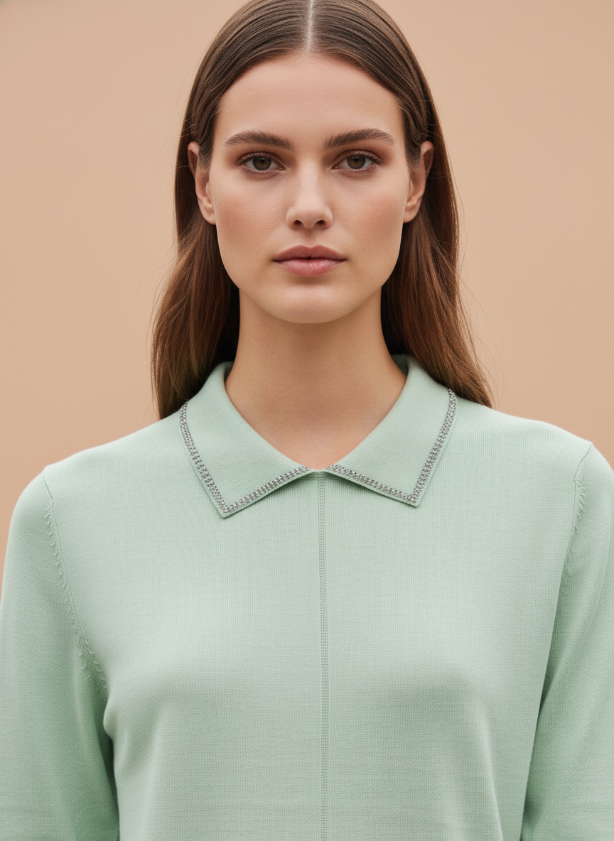 Mint Green Knit Top with Embellished Peter Pan Collar