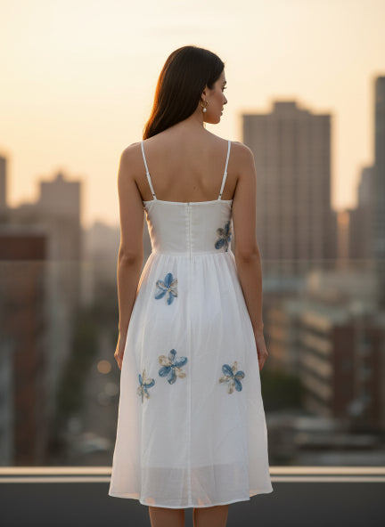 Elegant White Floral Appliqué Midi Dress for Women