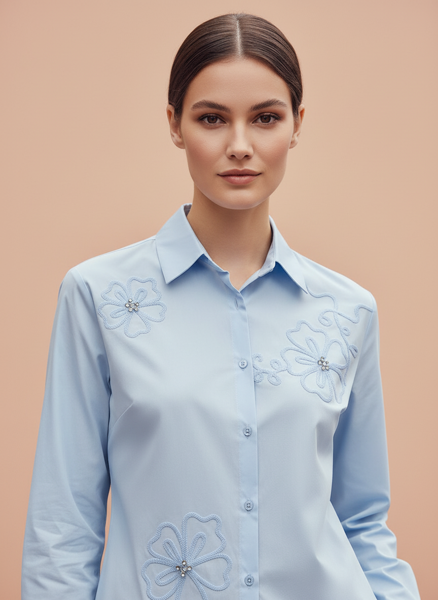 Light Blue Floral Embroidered Shirt for Women