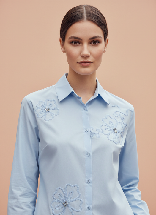 Light Blue Floral Embroidered Shirt for Women