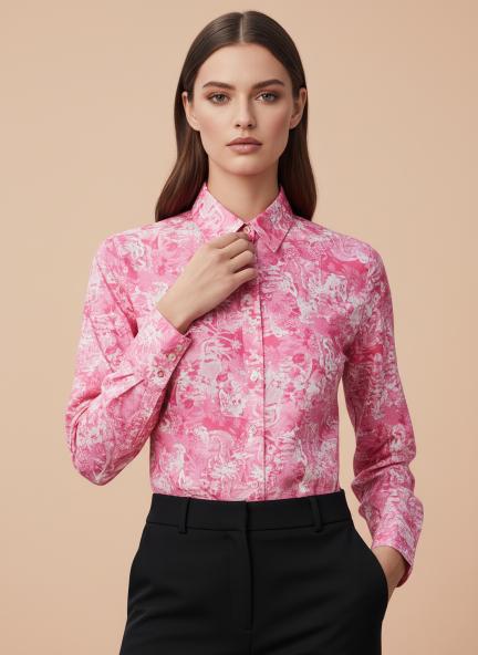 Premium Muslin Pink Long Length Curved Hem Digital Print Shirt