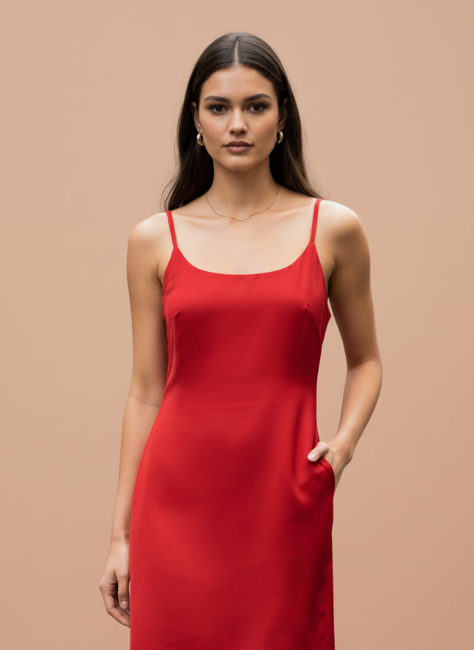 European Satin Crimson Red Dress