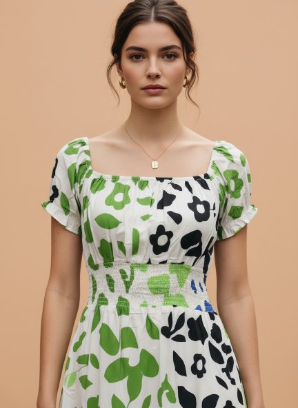 Rayon Printed Striped Smocked Midi Dress