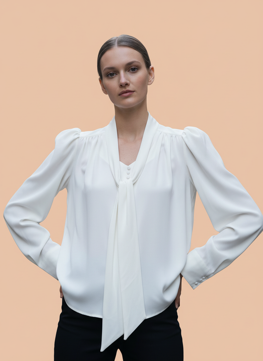White Puff Sleeve Tie-Neck Blouse