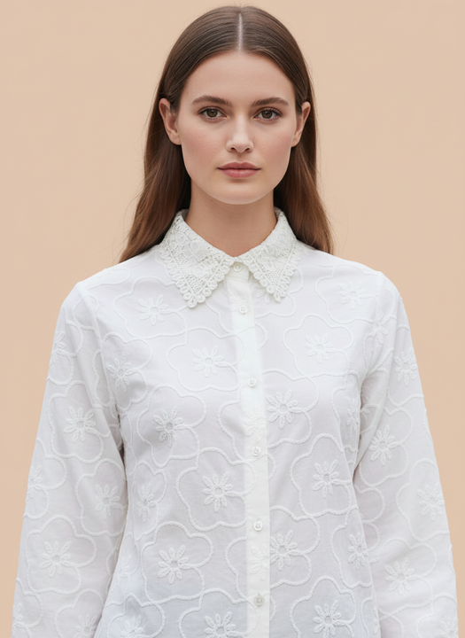 Women’s White Floral Embroidered Shirt with Lace Collar