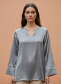 European Satin V Neck Long Sleeve Top