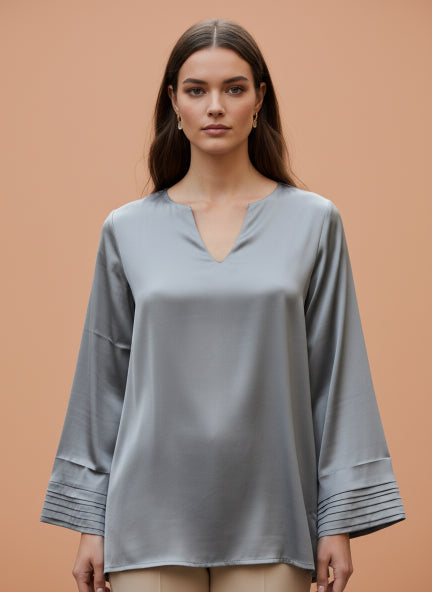 European Satin V Neck Long Sleeve Top
