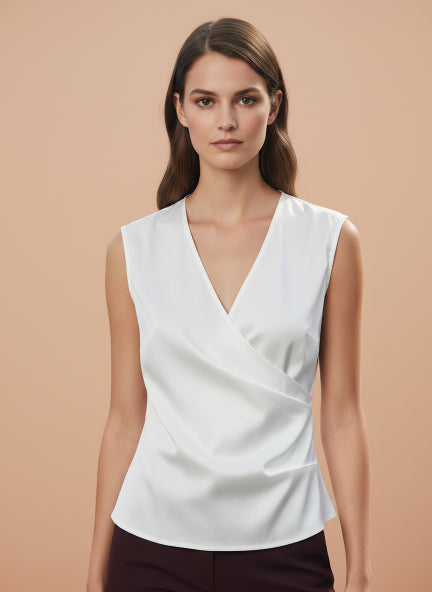 European Satin V Neck Pleated Sleeveless Top