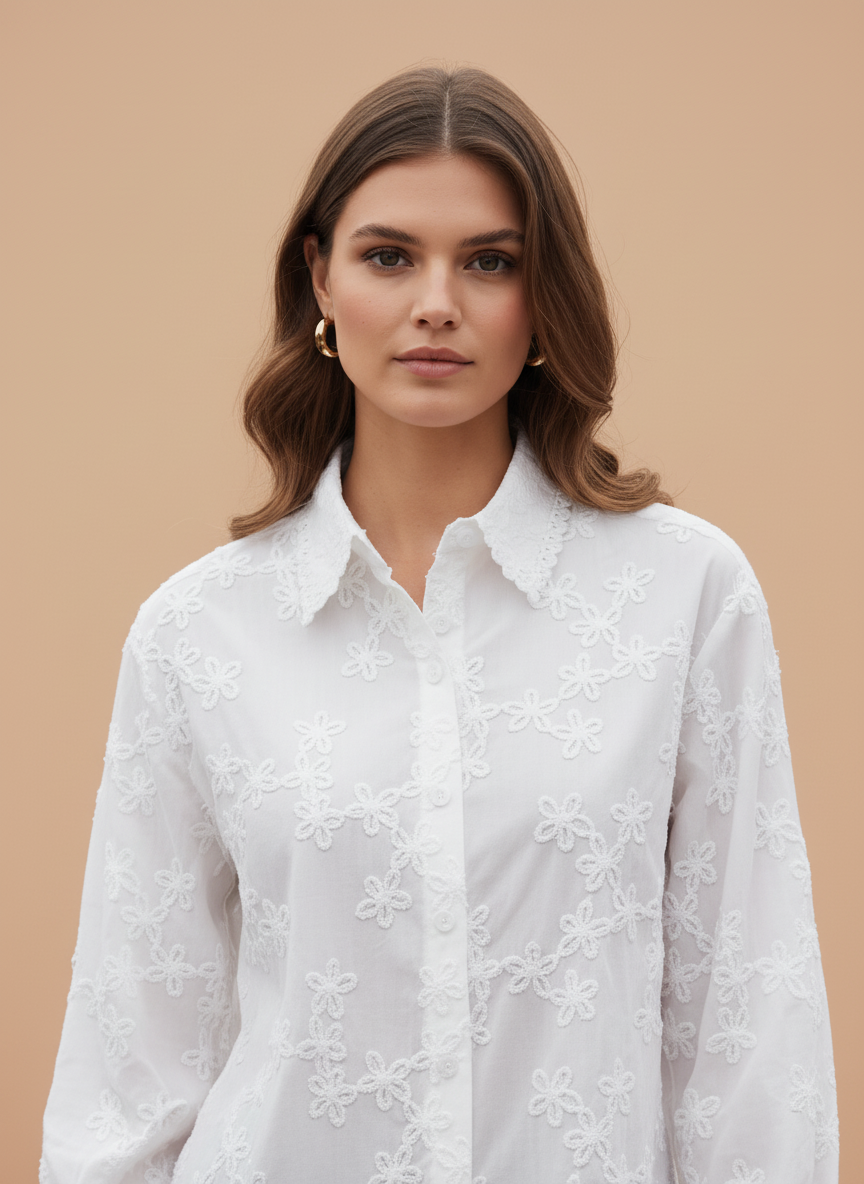 White Floral Embroidered Women Shirt