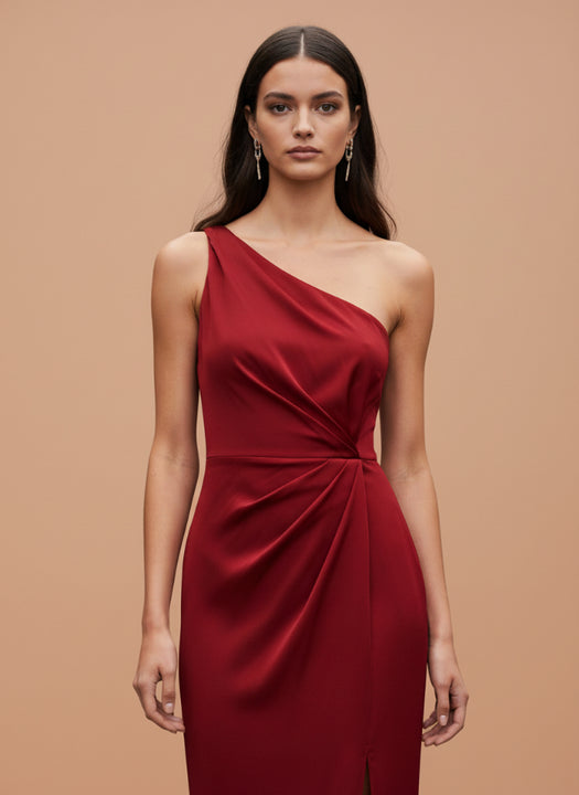 One-Shoulder European Satin Dress Crimson Red