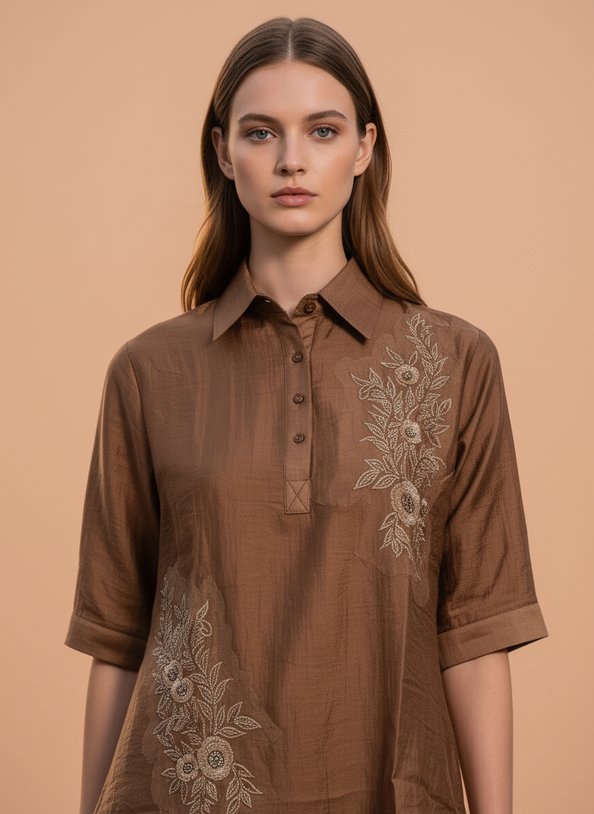 Elegant Brown Embroidered Co-Ord Set for Women