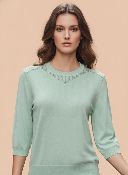 Elegant Mint Green  Sleeve Knit Top for Women