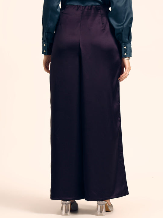 Luxury Satin Wide Leg Pants European Fabric  Plum Wine Glam Look
