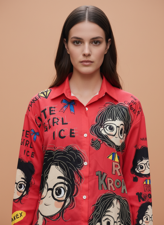 Red Graphic Printed Casual Shirt for Women Quirky Cartoon Design