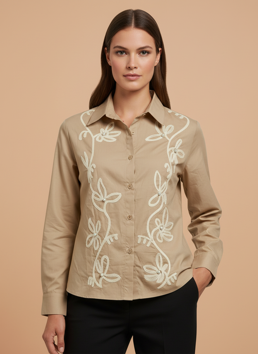 Elegant Beige Floral Embroidered Shirt for Women