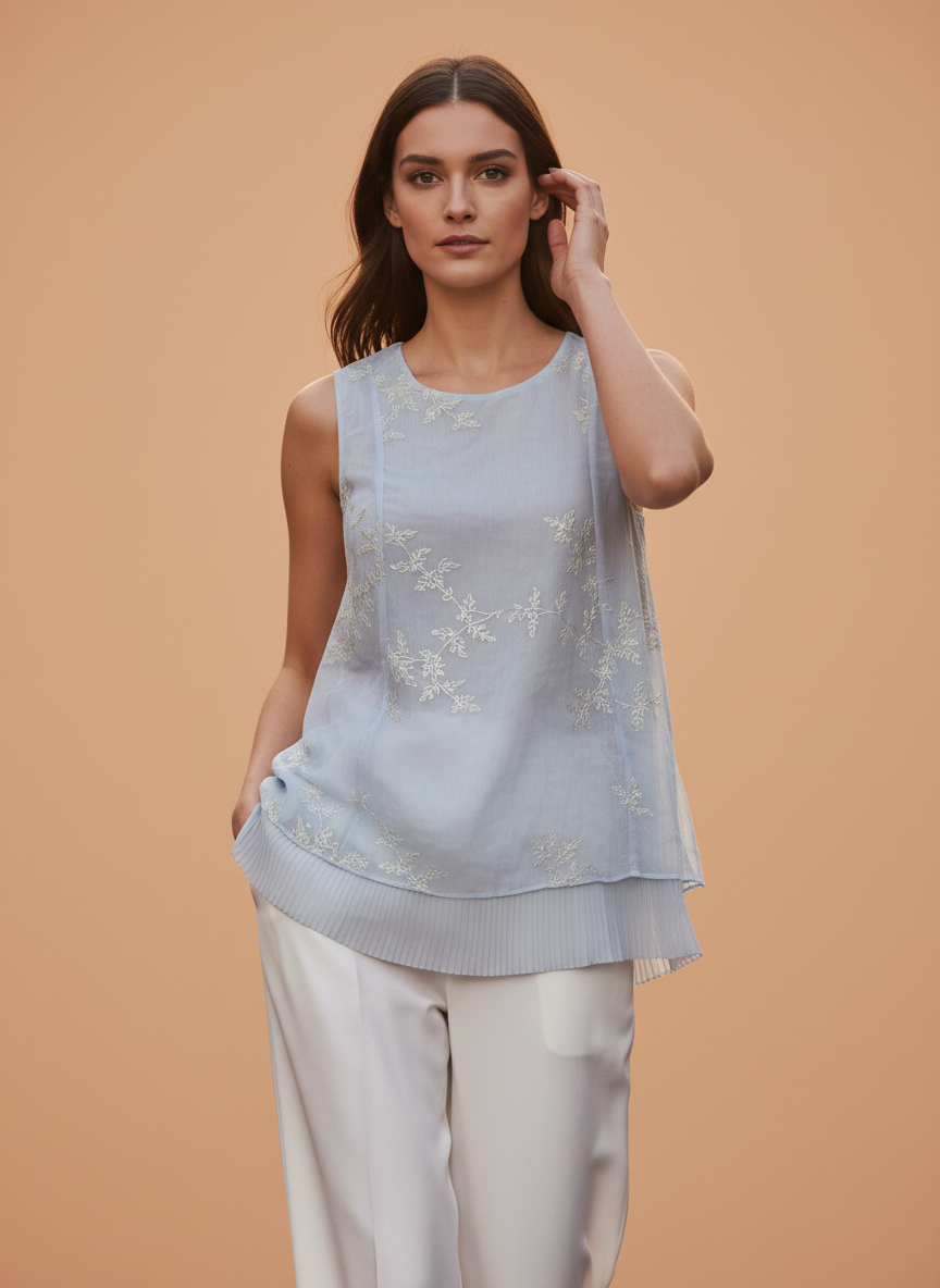 Elegant Pastel Blue Embroidered Top & White Wide-Leg Pants Set