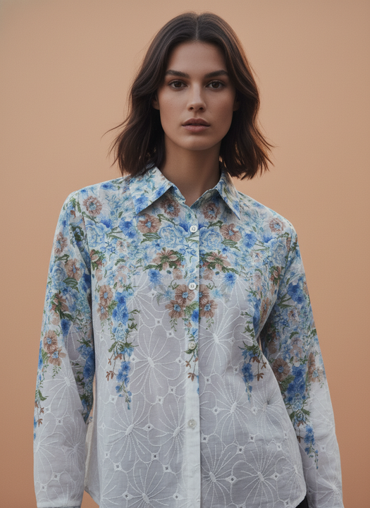 White Blue Floral Embroidered Shirt for Women