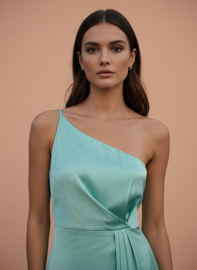 One-Shoulder European Satin Dress Mint Frost