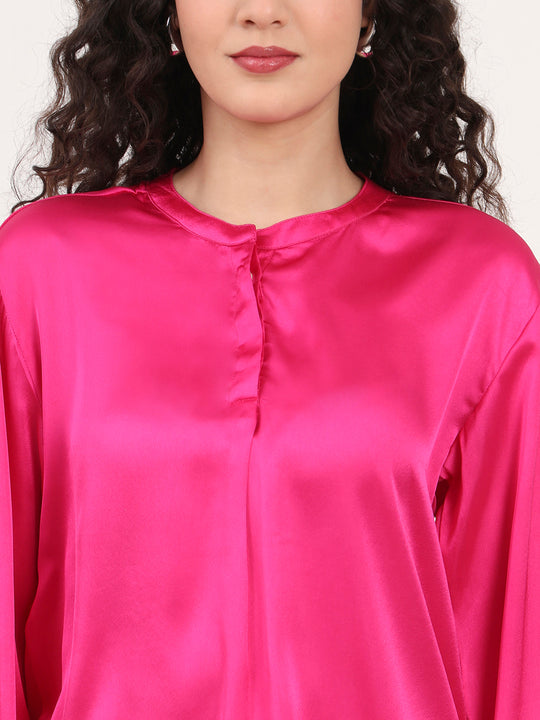 Summer Satin Magenta Front Pleated Tunic