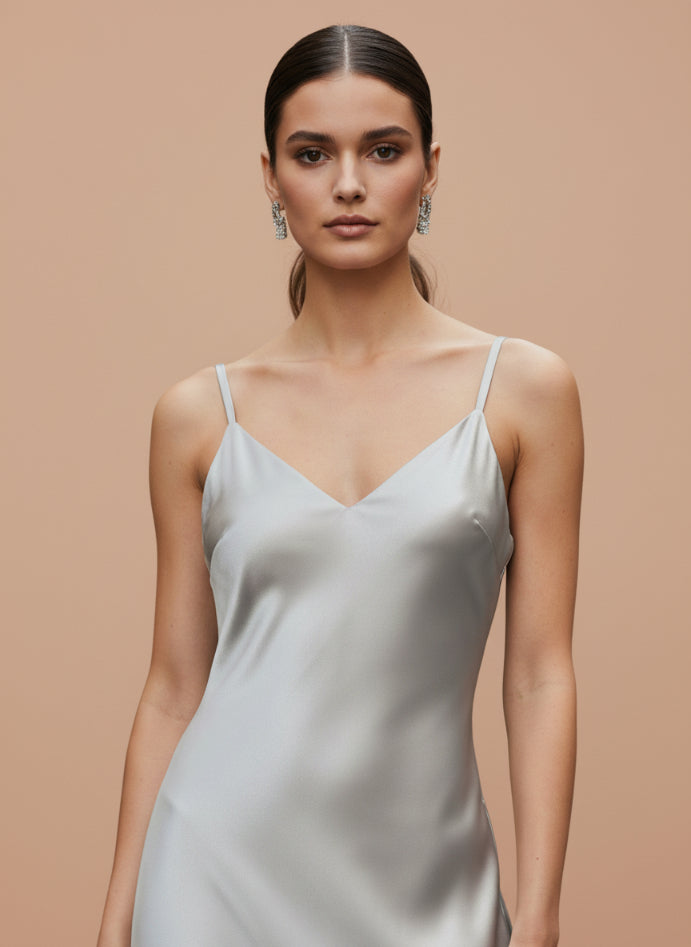 Satin Silver Grey V-Neck Midi Dress