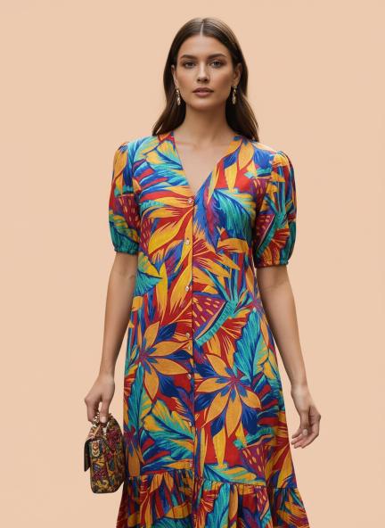 Rayon Printed Puff Sleeve A Line Front Button Maxi Dress