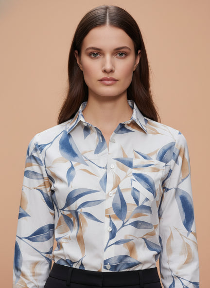 Premium Rayon Shirt With Blue And Orange Leaf Print