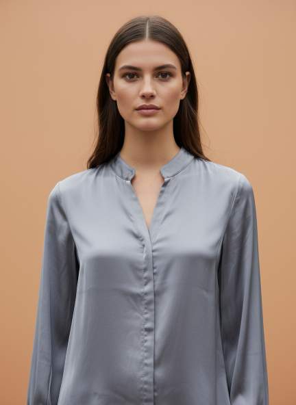 Summer Satin Bluish Grey Mandarin Collar Shirt