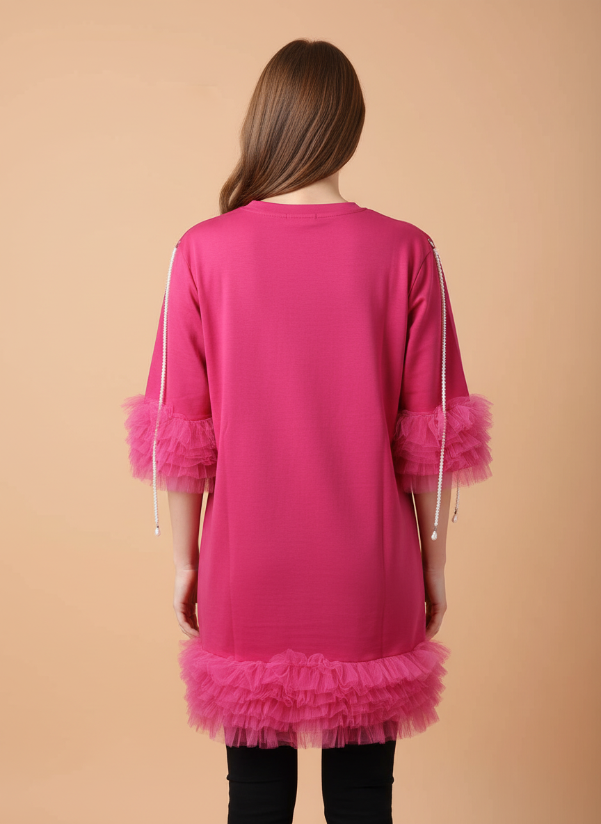 Fuchsia Pink Bow Applique Mini Dress with Tulle Ruffle Details