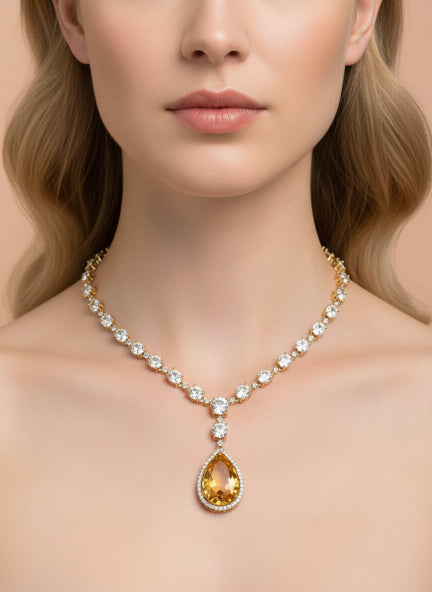 Luxury Gold-Tone Cubic Zirconia & Teardrop Crystal Pendant Necklace & Earrings Set